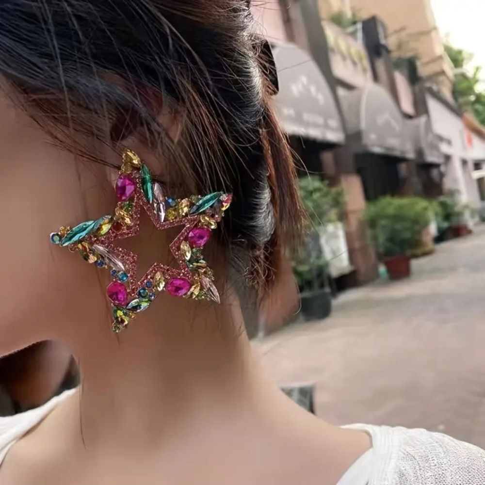 Colorful Rhinestone Star Earrings - Picture 3 of 4